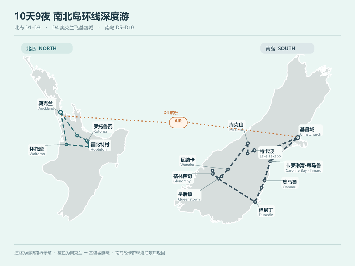 新西兰南北岛10天9夜行程路线示意图：D1至D3北岛，D4奥克兰飞基督城，D5至D10南岛环线经特卡波、皇后镇、但尼丁返回基督城