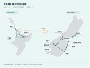 新西兰南北岛9天8夜行程路线示意图：北岛奥克兰往返、D3飞基督城、南岛经特卡波和但尼丁返回基督城